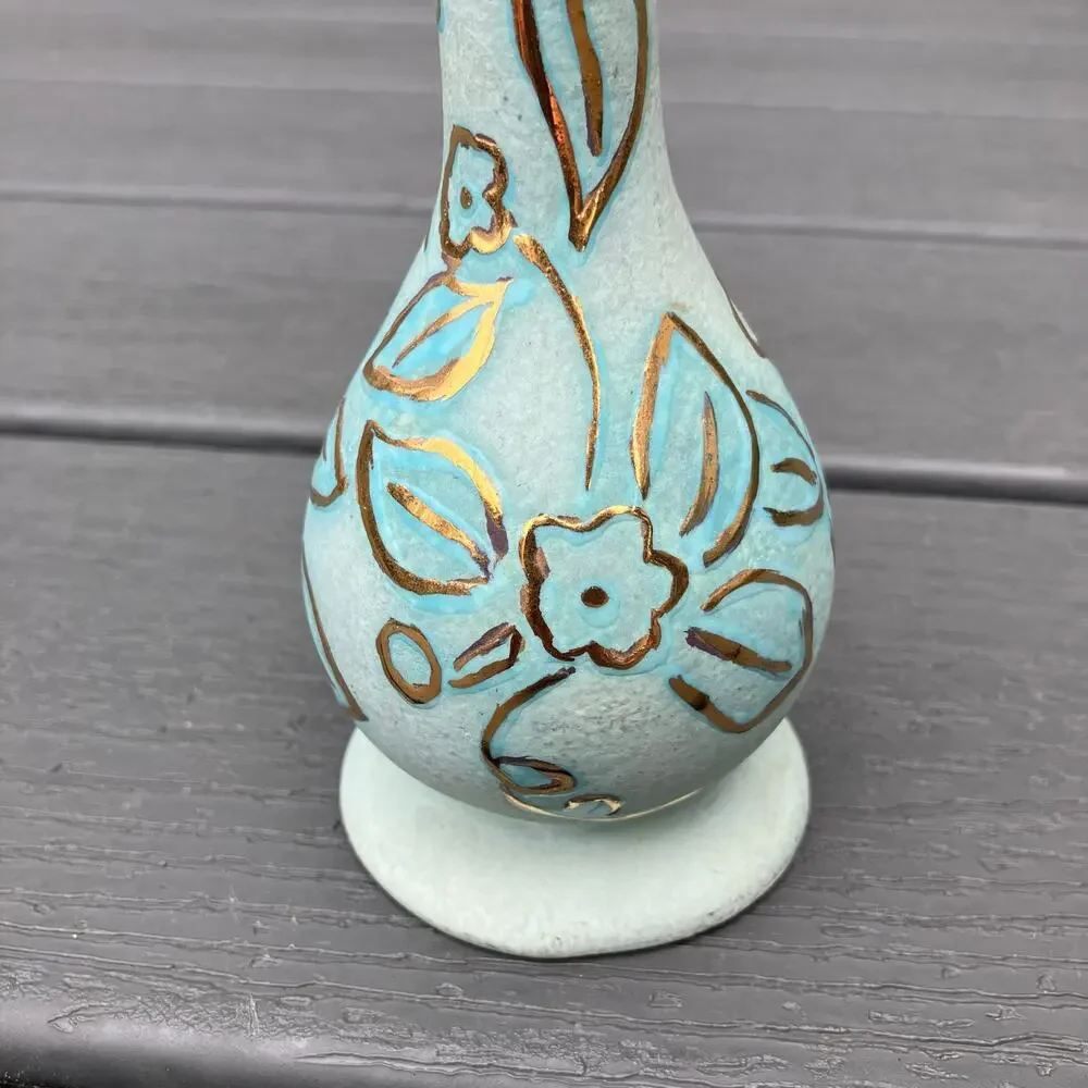 Vintage 1950s blue and metallic gold floral bud pitcher vase shabby chic cottage